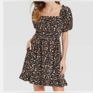 Who What Wear Leopard Print Dress Puff Sleeve Square Neck Mini Flowy Trendy M